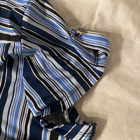 BLOUSE Roz & Ali Blue White Navy Striped V Neck top Short Sleeve Gold zipper CL - Picture 6 of 8